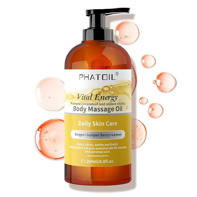 PHATOIL Ginger Oil Ginger Body Massage Oil for Gua Sha, with Lemon,Juniper Berry, 260ML Large Bottle Warming Body Oil for Spa, Lymphatic Drainage, Muscle(8.8oz)