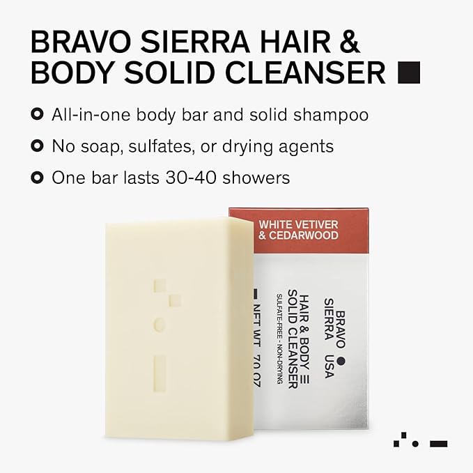 Bravo Sierra All-In-One Shampoo & Soap Bar for Men's Face, Hair & Body - White Vetiver & Cedarwood, 7 oz - Coconut, Shea Butter and Oat Flour for Soft Skin and Healthy Hair