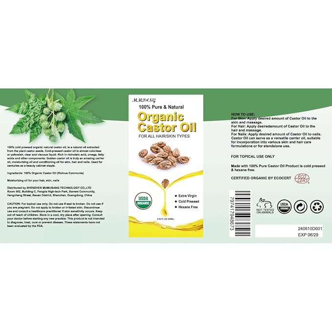Organic Castor Oil (8oz Glass bottle) USDA Certified 100% Pure Natural, Cold Pressed, Hexane Free. Castor Oil for Hair Growth, Thicker Lashes & Fuller Brows