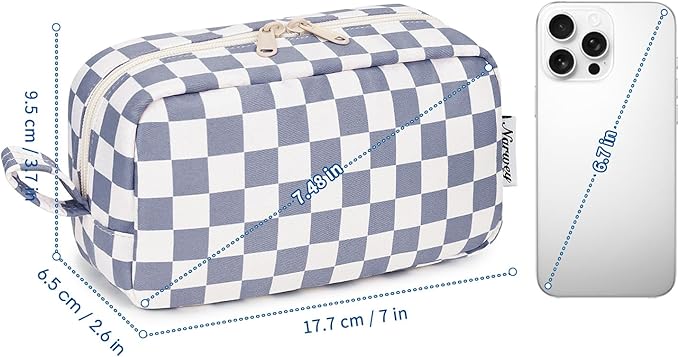 Narwey Small Checkered Makeup Bag for Purse Travel Makeup Pouch Mini Cosmetic Bag Zipper Pouch for Women (Grayish Blue Checkerboard, Small)