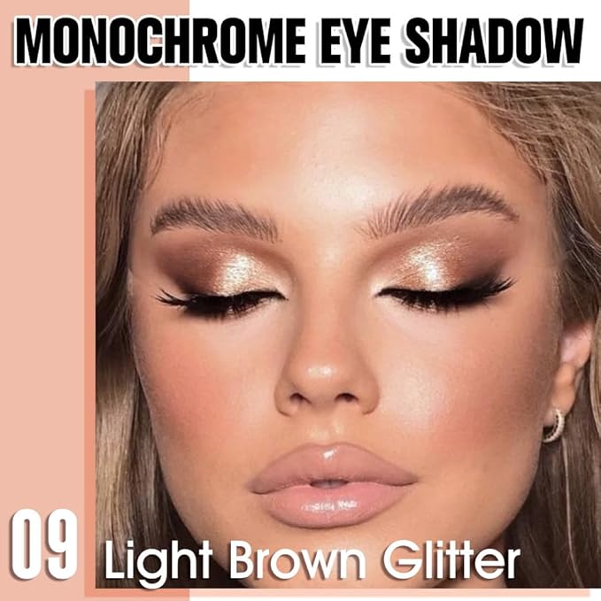 Light Brown Glitter Single Eyeshadow, Lightweight Blendable Mini Eye Shadow for Older Women, Monochrome Eyeshadow Palette Makeup Pigmented Waterproof, Vegan & Cruelty-Free, 09