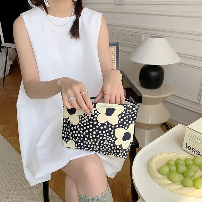 PAZIMIIK Floral Makeup Bag Large Cotton Zipper Pouch for Purse Travel Canvas Make Up Organizer for Women Cosmetic,Floral Navy Blue