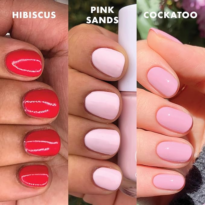Olive & June Best Sellers Nail Polish Set | Includes 3 Long Lasting Shades (Cockatoo, Pink Sands, Hibiscus) + Super Glossy Top Coat | Vegan, Cruelty-Free | Salon-Quality Results at Home