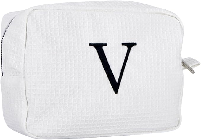 Personalized White Waffle Makeup Bag,Custom Embroidered Initial Cosmetic Pouch for Women,Monogrammed Cosmetic Case,Bridesmaid Gifts (V)