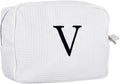 Personalized White Waffle Makeup Bag,Custom Embroidered Initial Cosmetic Pouch for Women,Monogrammed Cosmetic Case,Bridesmaid Gifts (V)