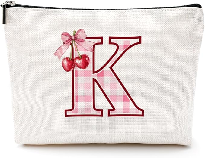Initial Makeup Bag Monogram Cosmetic Bag Monogrammed Gifts for Women Girls Friends Coworker Bestie Personalized Travel Toiletry Bag Christmas Bridal Shower Wedding Bridesmaid Gifts, Cherry K