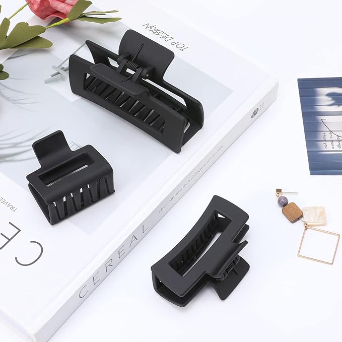 Shinowa 3 Pack Hair Claw Clips, Square Rectangular Claw Hair Clips for Women Girls, Non-slip Matte Large Medium Small Hair Clips, Strong Hold Jaw Clip for Thick Thin Hair, Black