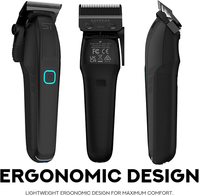 Supreme Trimmer Recharge Clipper - Professional Hair Clipper with 2 Removable Batteries, Brushless Motor, Smart Charge Stand, USB-C Charge & DLC Blades Barbers | STC779