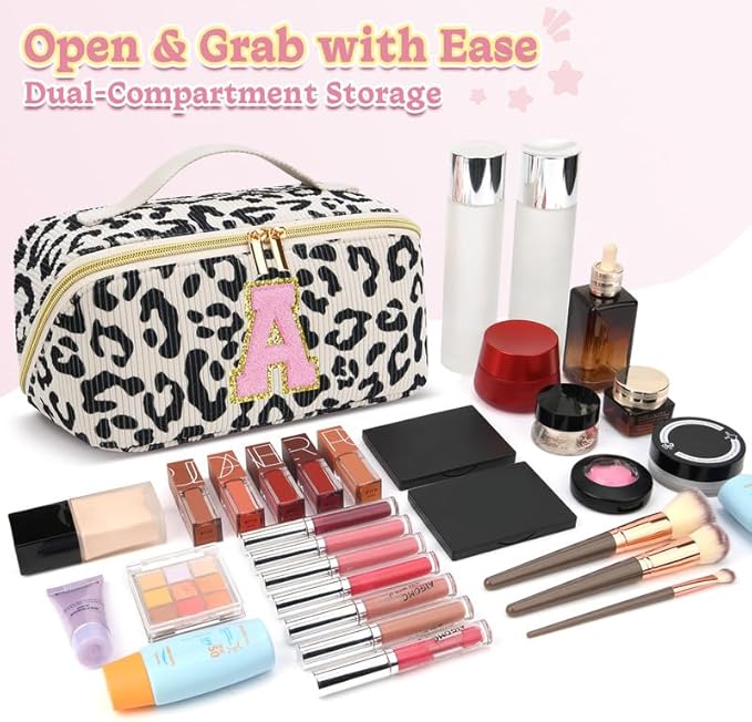 Personalized Travel Makeup Bag Set,Initial Travel Cute Leopard Makeup Organizer Bag,Toiletry Skincare Cosmetic Bag,Christmas Gifts for Women/Girls,Open Flat Toiletry Pouch with Brush Pocket-L