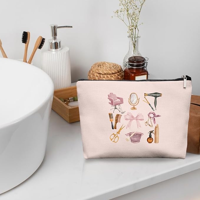Pink Hairstylist Makeup Bag for Women, Cute Cosmetology Student Gifts,Hairdresser Travel Organizer Bag, Aesthetic Salon Accessory Pouch, Gifts for Teen Girls 7.5 x 10 in