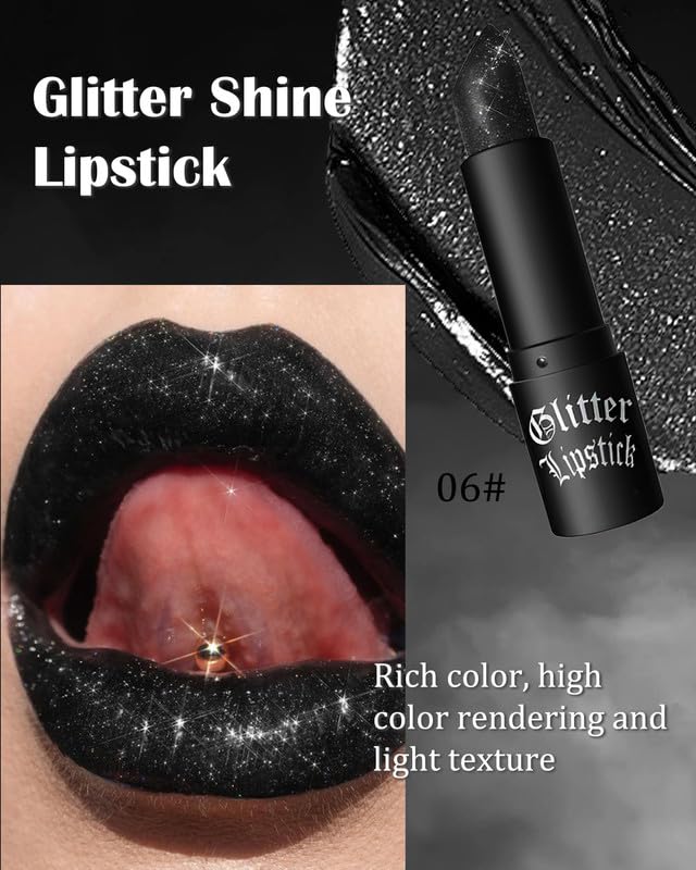 Black Diamond Glitter Matte Lipstick, Gothic Shiny Lip Gloss, Sparkling High Pigment Longlasting Waterproof Smudgeproof Non-Stick Lipstick, Bold Shimmer Lip Blam for Stage,Cosplay, Party Makeup-06