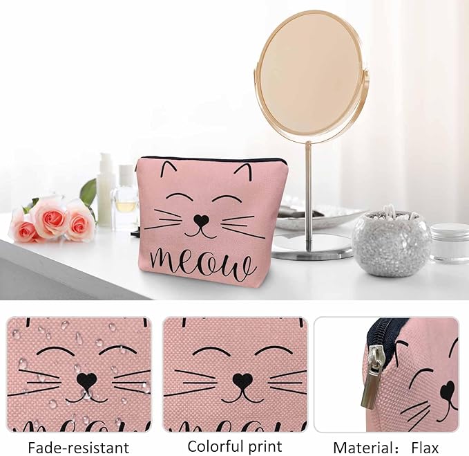 Cat Cute Cosmetic Bags For Women, Funny Kitten Cat Face Meow Roomy Makeup Bag Toiletry Bag Accessories Organizer Storage Bags Makeup Pouch For Travel Business Gym Camping Bathroom, Pink