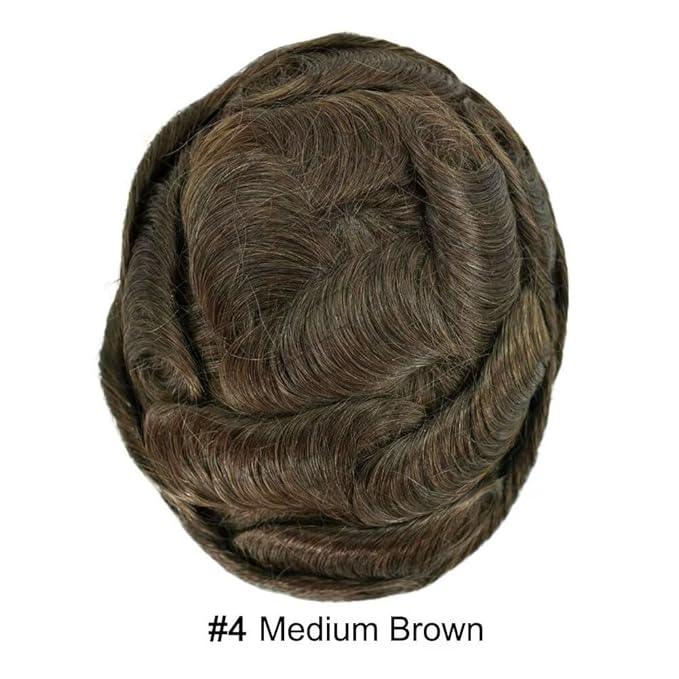 FACE MIRACLE Toupee for Men French Lace Hairpiece Human Hair Replacement System Skin PU Mens Toupee Hair Wigs for Man V-Looped Front Hair Prosthesis 6"X8" 4# MEDIUM BROWN