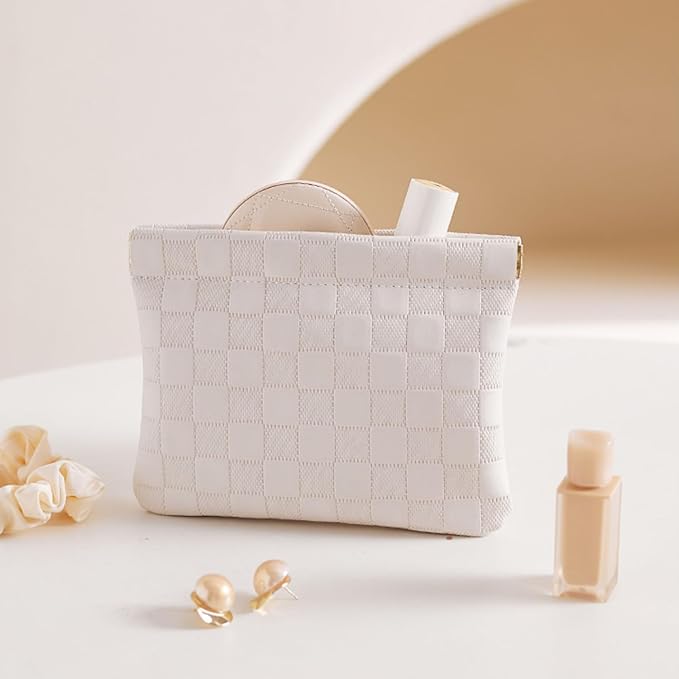 Leather Pocket Cosmetic Bag for Purse,Coin Purse Lipstick Cosmetic Accessories Organizer, Travel Kit Storage Pouch,Waterproof Portable No Zipper Self-closing (Pink+White/Small)