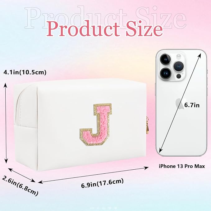 Small Personalized Letter Makeup Bag, Cute PU Leather Chenille Letters Cosmetic Bag Travel Makeup Pouch, Preppy Travel Organizer Zipper Pouch for Women&Girls（WhitePink-J）