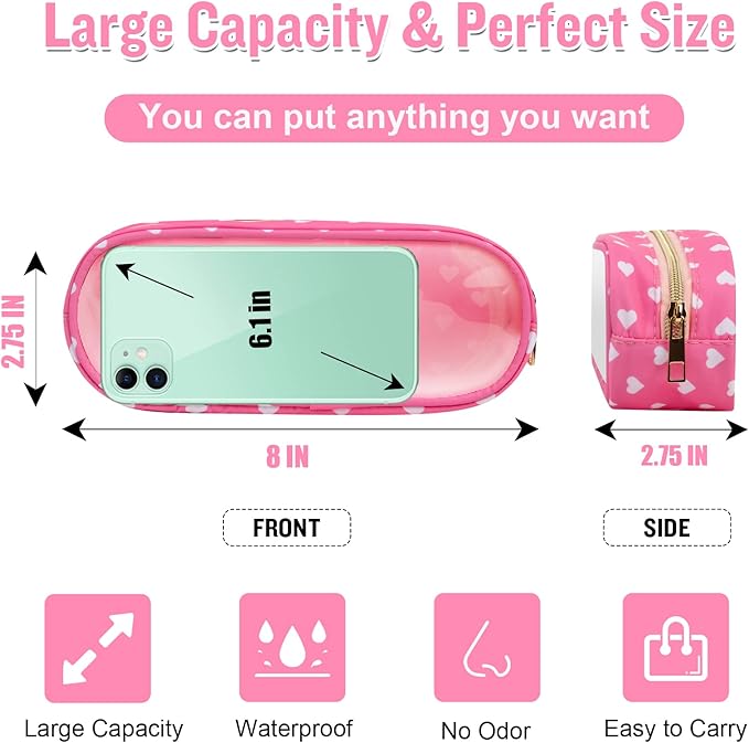 Nylon Small Clear Makeup Bag Slim Pouch, Cute Makeup Brush Case Makeup Bag Preppy Cosmetic Zipper Pouch for Purse,Travel PVC Toiletry Bag Clutch Coin Pouch Makeup Organizer for Women Girl(Pink Heart)