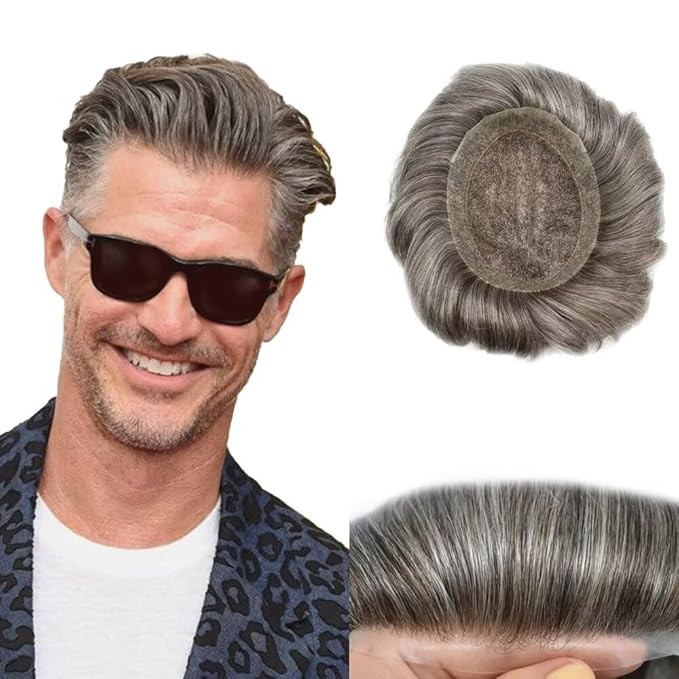 FACE MIRACLE Lace Front Mens Toupee Human Hair System Swiss Lace Center Toupee for Men Thin Skin PU Around Hair Replacement System V-Looped Mens Hair Wig Units 6"X9" #365 Dark Brown with 65% Gray