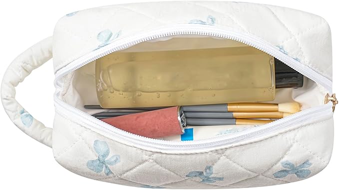 Makeup Bag Travel Cosmetic Bag for Women, Zipper Make Up Pouch, Floral Flowers Toiletry Organizer Makeup with Handle, Cosmetic Travel Cloth Bag (Blue Bow Tie)