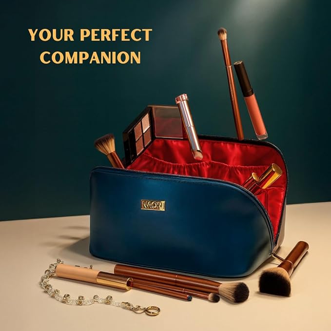 NAORI Travel Makeup Bag for Women | Large Luxury Cosmetic Organizer with Handle & Inner Pockets | Waterproof Leather Toiletry Bag | Makeup Case for Home, Travel & Gifting (Dark Teal)
