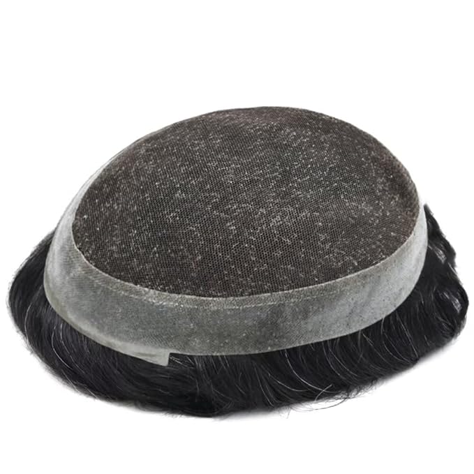 FACE MIRACLE Toupee for Men French Lace Hairpiece Human Hair Replacement System Skin PU Mens Toupee V-Looped Front Hair Piece 6"X8" #1B10 1B# OFF BLACK WITH 10% SYNTHETIC GREY-80% Light Density
