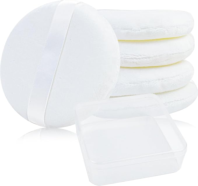 5 Pack Extra Large Body Powder Puff and Container, Soft Cotton 4.13 Inch Dusting Puffs with Washable Round Container for Woman Baby Body Face Loose Powder