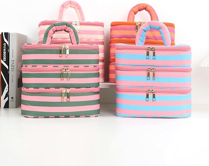 Three Layer Makeup Bag for Women Fashion Stripes Cosmetic Bag Preppy Style Travel Water-Resistant Toiletry Bag for Storage Toiletries Cosmetics Sets for Women Teen Girls Pink