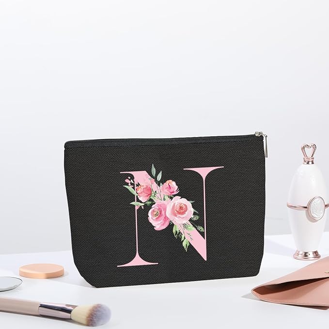 A-Z Personalized Cosmetic Bag Monogrammed Makeup Bags Bridesmaid Gifts Custom Toiletry Pouch Gifts for Women Mom Best Friend Sister Bride Bridesmaid (N)