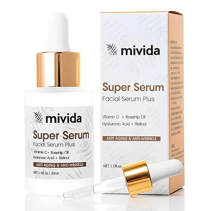 mivida 4-in-1 Anti-Aging Serum for face | Retinol, Vitamin C, Hyaluronic Acid & RoseHip Oil | Reduces Fine Lines, Wrinkles | multi benefit Face Super Serum – 1 Fl Oz