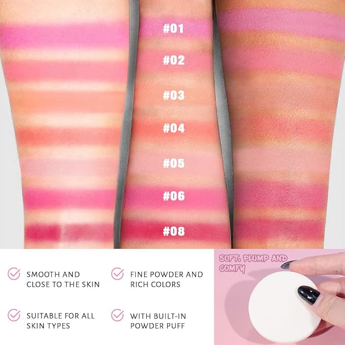 Natural Single Matte for Face Cheeks Blush with Makeup Powder Puff, Nude Pink Monochrome Blush Cream Powder Makeup Palette Blushes Long-lasting Color Blendable Foundation for Women Every Day 05