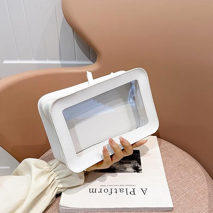 Clear Makeup Bag, White Travel Makeup Pouch Toiletry Bag for Women Waterproof Small Cosmetic Bag Case Small Make Up Bag with Zipper Car Organizer Car Essentials for Women Men