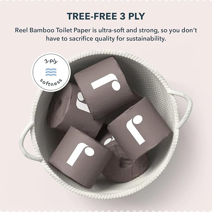 Reel 3-Ply Soft and Strong Bamboo Toilet Paper - 12 Rolls - Toxin-Free, Tree-Free, PFAS Free, BPA Free - Zero Plastic Packaging, Sustainable & Septic Safe