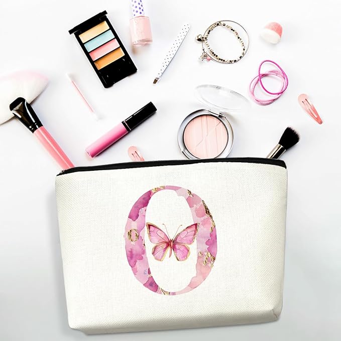 Initial Makeup Bag Pink Butterfly O Personalized Cosmetic Bag Monogrammed Gifts for Women Girls Bride Bridesmaid Monogram Zipper Pouch for Friendship Mothers Day Birthday Wedding Bridal Shower Gifts