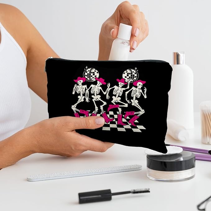 Gothic Dancing Skeleton Cowboy Makeup Bag, Western Goth Skull Cosmetic Bags for Women, Trendy Retro Black and White Checkered Makeup Pouch Zipper Pouch