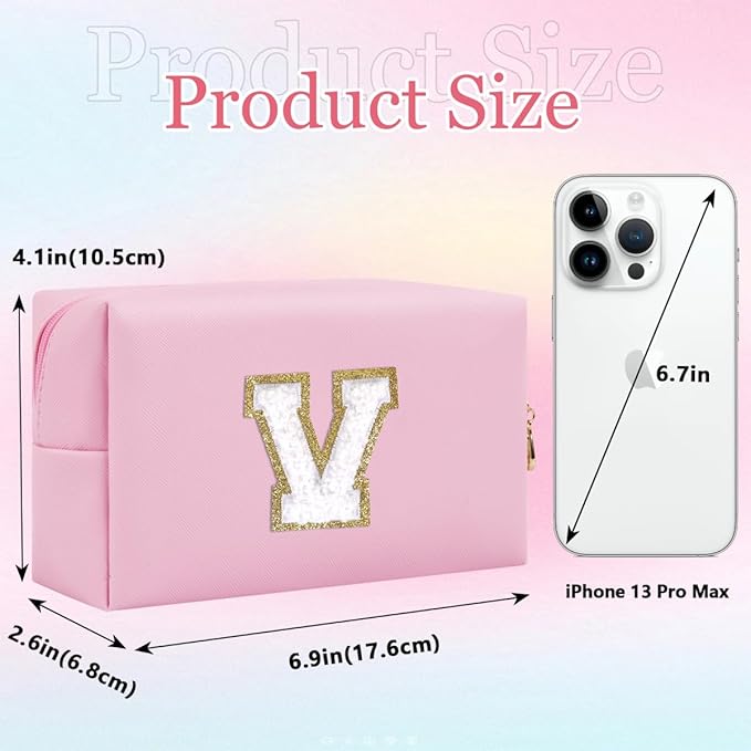 Small Personalized Letter Makeup Bag, Cute PU Leather Chenille Letters Cosmetic Bag Travel Makeup Pouch, Preppy Travel Organizer Zipper Pouch for Women&Girls（Pink-V）