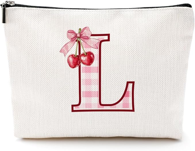 Initial Makeup Bag Monogram Cosmetic Bag Monogrammed Gifts for Women Girls Friends Coworker Wife Personalized Travel Toiletry Bag Christmas Bridal Shower Wedding Bridesmaid Gifts, Cherry L