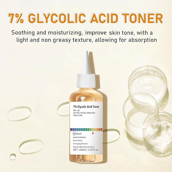 7% Glycolic Acid Exfoliating Toner, Exfoliating Facial Toner, Pore Minimizing Toner, Smooth Skin, Even Tone, Hydrating Formula