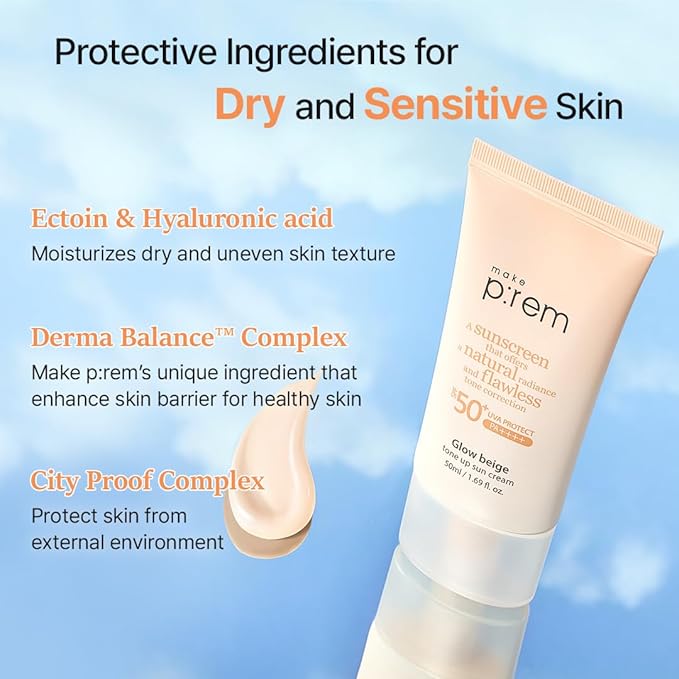 MAKE P:REM Glow Beige Tone Up Sunscreen, Foundation-Free Mineral Sun Care, Skin Tone Correction, Lightweight, Korean Sunscreen, Korean Skin Care, SPF 50, 1.69 fl.oz. (50ml)