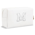 Bride Gifts – Personalized Initial Makeup Bag with Pearl Rhinestone Patch, Preppy White Monogram Cosmetic/Toiletry Pouch, bridesmaid Gifts, Bridal Shower Gifts, Wedding Gifts, Bridal Gifts,M
