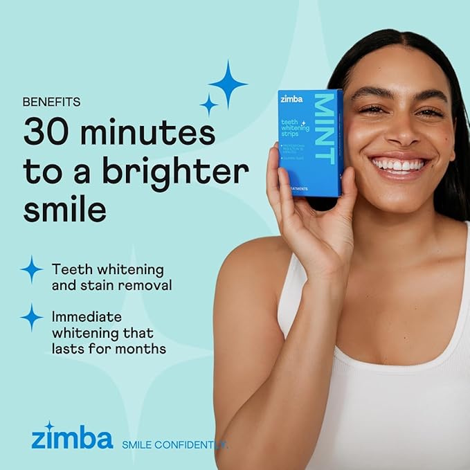 Zimba Teeth Whitening Strips for Teeth Sensitive, White Strips for Teeth Whitening, Teeth Whitener Stain Remover 28 White Strips Included Per Pack, 2 Pack (14 Day Treatment), Mint and Spearmint