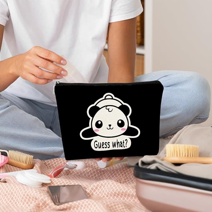 Cute Baby Panda Makeup Bag, Guess What It's Pug Butt Cosmetic Case for Teen Girls & Women, Panda Accessory (Black)