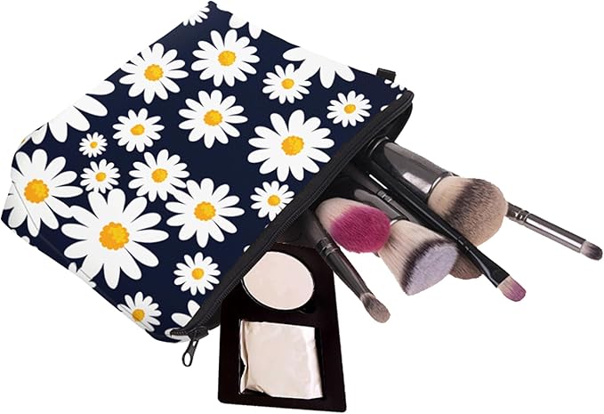 Cute Travel Makeup Bag Cosmetic Bag Small Pouch Gift for Women (Daisy Dark Blue)