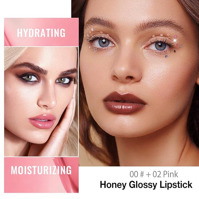Kaely 2Pcs Honey Lipstick Tinted Lip Balm, Hydrating Shine Lipstick for Women Dry Lips, Moisturizing Nourishing Glossy Lip Gloss Stain Makeup, Sheer Lightweight, Vegan, 00+02 Pink