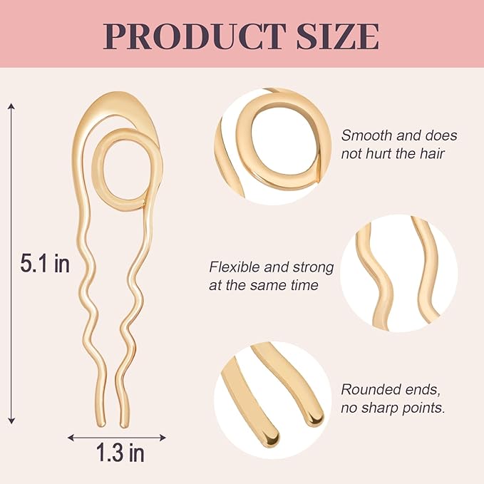 2PCS French Hair Pins Large U-Shaped Pins for Women and Girls Fashion Metal Hair Pin French Twist Hair Pins for Buns, Updos,Stylish and Functional(set7-gold)