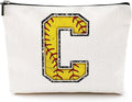Initial Makeup Bag Monogrammed Cosmetic Bag Yellow Letter C Zipper Pouch Softball Accessories for Girls Women Player Coach Bestie Stuff Graduation Birthday Gifts