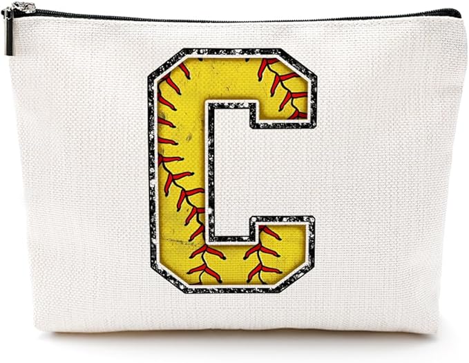 Initial Makeup Bag Monogrammed Cosmetic Bag Yellow Letter C Zipper Pouch Softball Accessories for Girls Women Player Coach Bestie Stuff Graduation Birthday Gifts