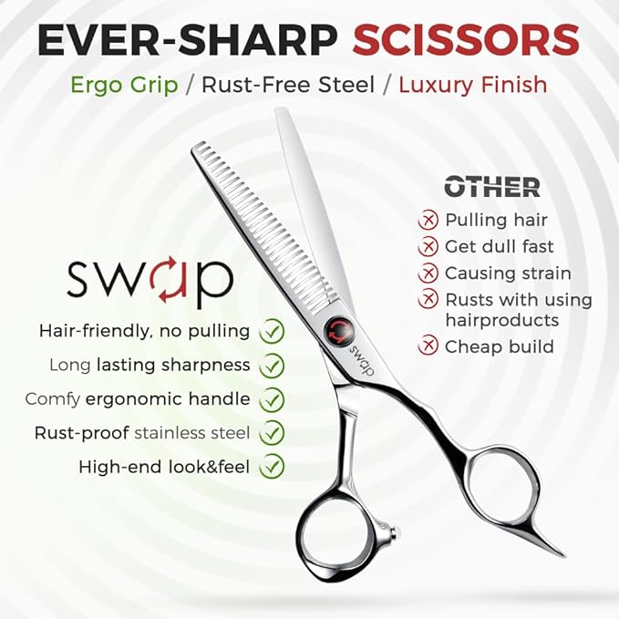 SWAP Professional Hair Thinning Scissors 6.0'' - Japanese SUS440C Steel (60-62HRC Hardness), Adjustable Tension, Ergonomic Design for Salon/Home Use Hair Trimming Scissors(S2)