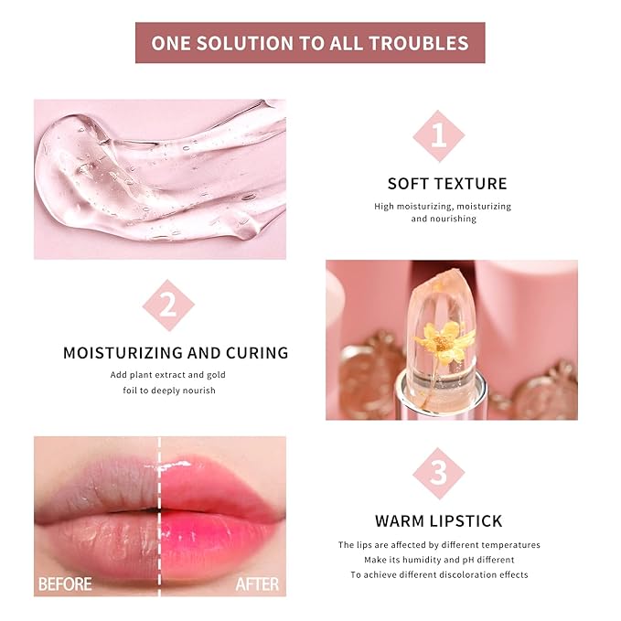 BestLand 3 Pcs/Set Flower Jelly Lipstick Set Temperature Change Moisturizer Long Lasting Nutritious Glossy Shine Lip Balm Magic Gold Crystal PH Color Change Lip Gloss for Women