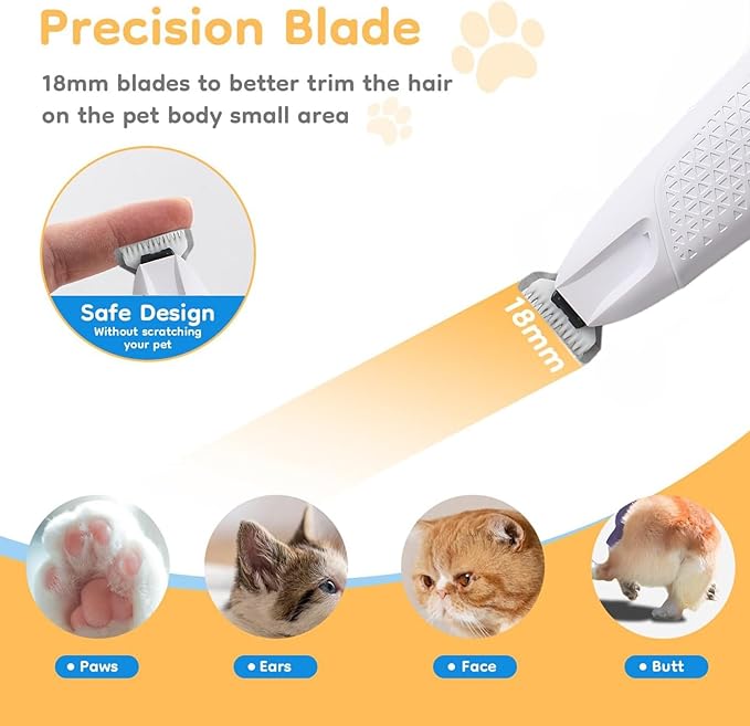Professional Dog & Cat Trimmer - Quiet Electric Pet Grooming Kit for Ears/Eyes/Paws with LED Light - Cordless Battery-Powered Fur & Nail Clipper for Small/Large Breeds(White)