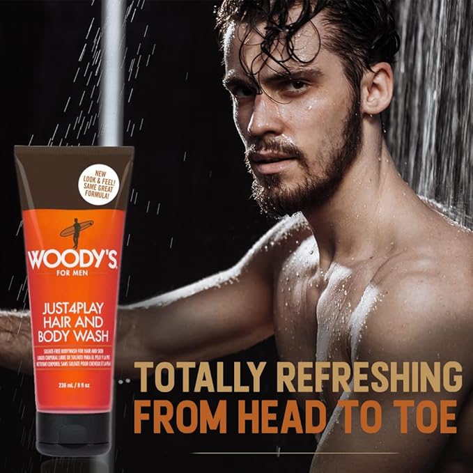 Woody's Just4Play Hair and Body Wash for Men - Sulfate-Free, Deep Cleansing, Hydrating, Fresh Scent, All-in-One Shower Gel, 8 fl oz