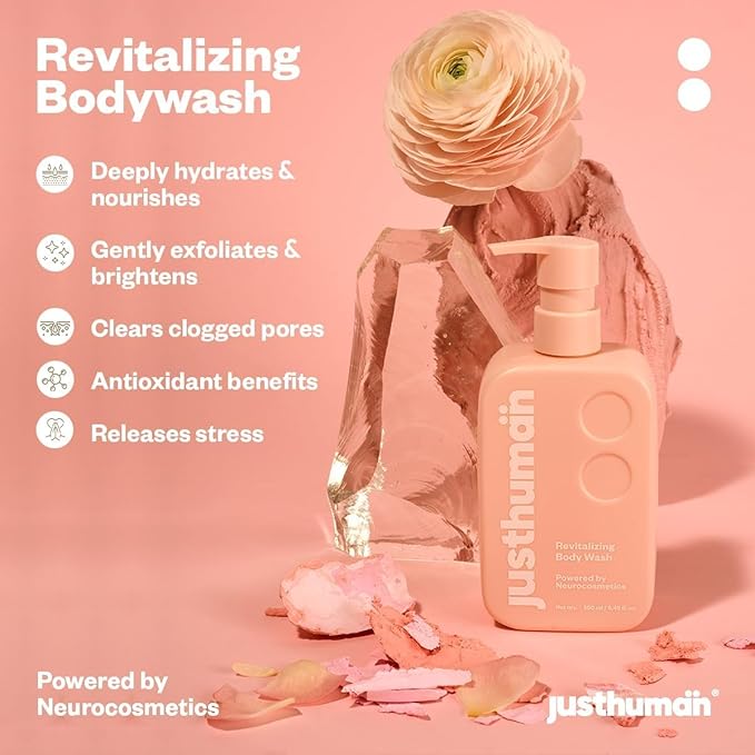 JustHuman Revitalizing Body Wash Lemon Balm and Holy Basil pH Balanced -Brightening Moisturizing and Nourishing Shower Gel For Men and Women | Paraben Free Sulphate Free | 8 oz Pack of 1